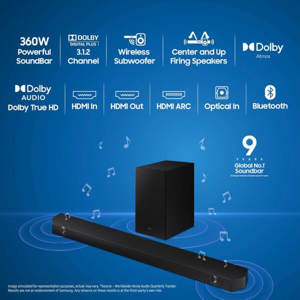 Samsung Q-Symphony Soundbar (HW-Q600C/XL), USB, Bluetooth with 3.1.2 Channel, Wireless Subwoofer, and 2 Up-Firing Speakers, Dolby Atmos Music (Black) - Image 10