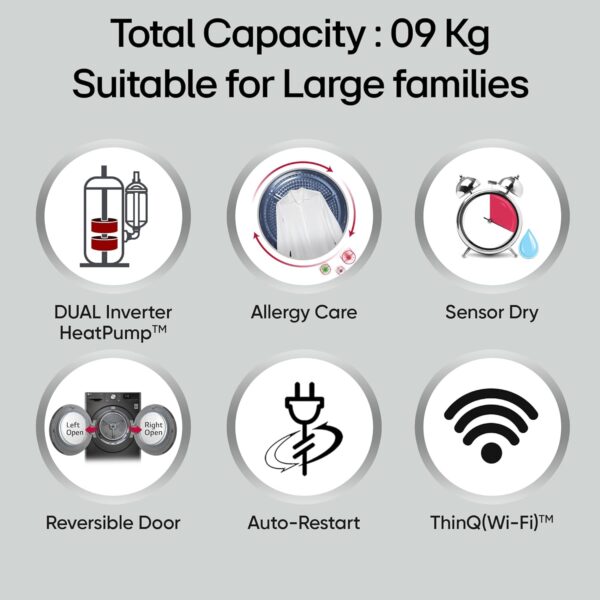 LG 9 Kg, Wi-Fi, Dual Inverter Heat Pump, Eco-Hybrid Technology Fully Automatic Front Load Dryer (DHV09SAM, Double Layer Air Filter, Allergy Care, Auto Cleaning Condenser, Middle Black) - Image 6