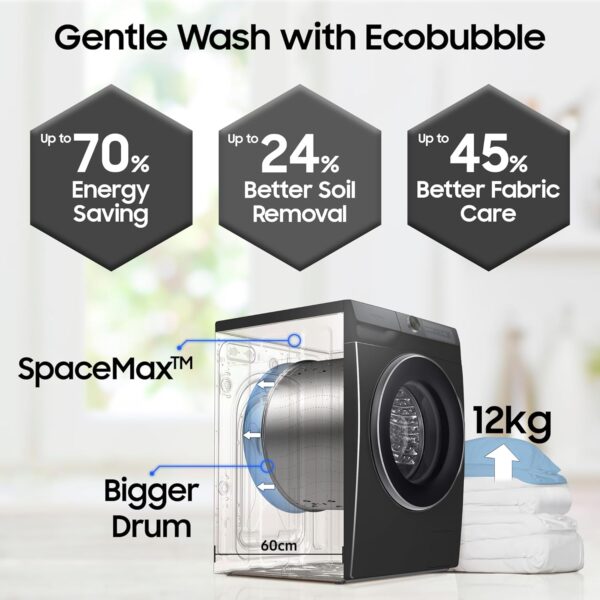 Samsung 12 kg, 5 Star, Super Speed, Wi-Fi, Hygiene Steam with Inbuilt Heater, Digital Inverter, Fully-Automatic Front Load Washing Machine (WW12DG5B24ASTL, Navy) - Image 4