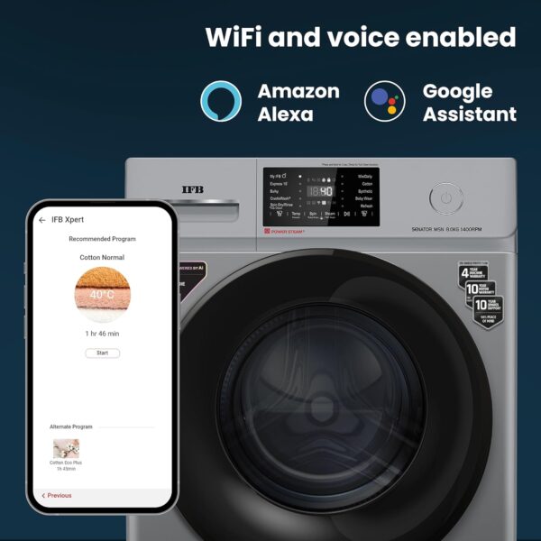 IFB 8 Kg 5 Star with 9 Swirl Wash, AI Powered, Wi-Fi, Fully Automatic Front Load Washing Machine (Senator MSN 8014, Steam Refresh Program with Eco Inverter, Metallic Silver) - Image 5