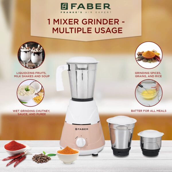 Faber Marvel 500W Blender Mixer Grinder, || Low-Noise, up to 18000 RPM Speed || 1 Year Comprehensive Warranty (FMG Marvel 500W 3J PW) Peach White - Image 5