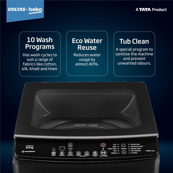 Voltas Beko, A Tata Product 8 Kg 5 Star Fountain wash Fully-Automatic Top Loading Washing Machine (2023 Model, WTL8011AU/BPC00D, Dark Grey, Side waterfall) - Image 2