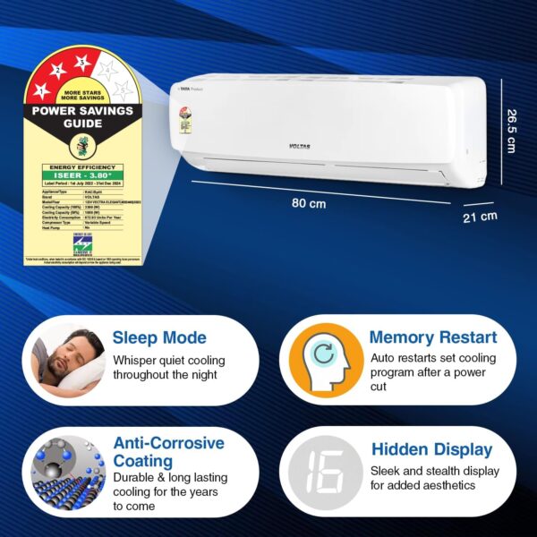 Voltas 1 Ton 3 Star Adjustable Inverter Split AC(Copper, 123V Vectra Elegant, 4-in-1 Adjustable Mode, White) - Image 7