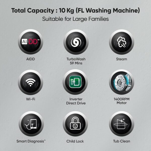 LG 10 Kg 5 Star Ai Direct Drive Wi-Fi Inverter Fully Front Load Automatic Front-Loading Washing Machine (Fhp1410Z7P, Turbowash & Steam For Hygiene Wash, Platinum) - Image 9