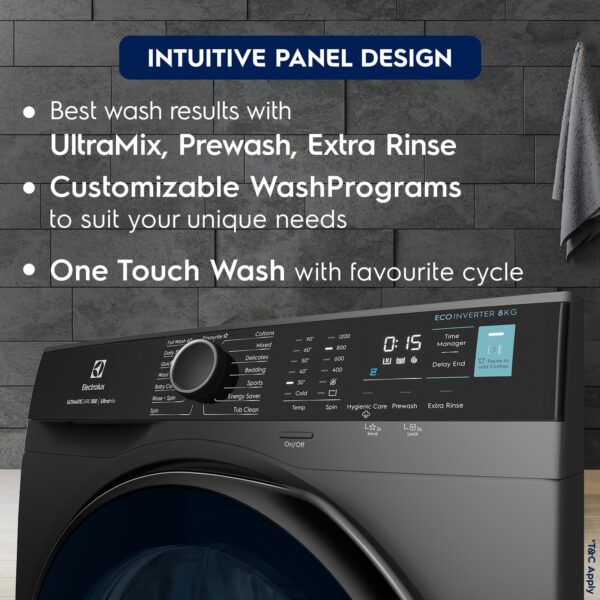 Electrolux 8kg 5 Star Fully Automatic Front Load Washing Machine with UltraMix, Full Load Vapour Wash for Sustainable Clothing, Hygienic Care, EcoInverter, Dark Silver, UltimateCare 500, EWF8024R5SB - Image 3