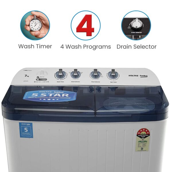 Voltas Beko 7 kg Semi-Automatic Top Loading Washing Machine Appliance, Double Waterfall (WTT70DBLT, Sky Blue) - Image 6