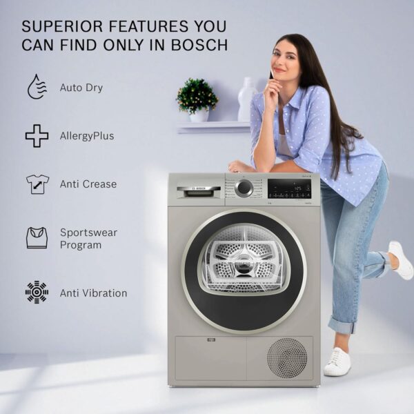 Bosch 9 kg Fully Automatic Front load Condenser Tumble Dryer WPG24108IN, Silver, Inbuilt Heater) - Image 5
