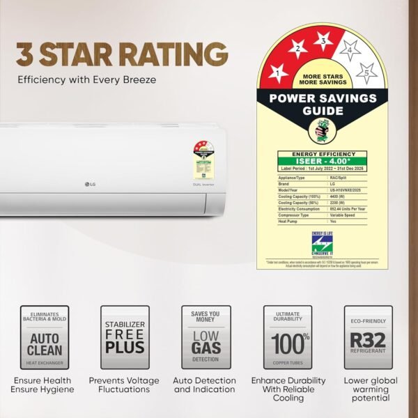 LG 1.5 Ton 3 Star Hot & Cold, DUAL Inverter Split AC (Copper, Convertible 5-in-1, VIRAAT Mode, 4 Way Swing, HD Filter with Anti-Virus Protection, US-H18VNXE, White) - Image 7