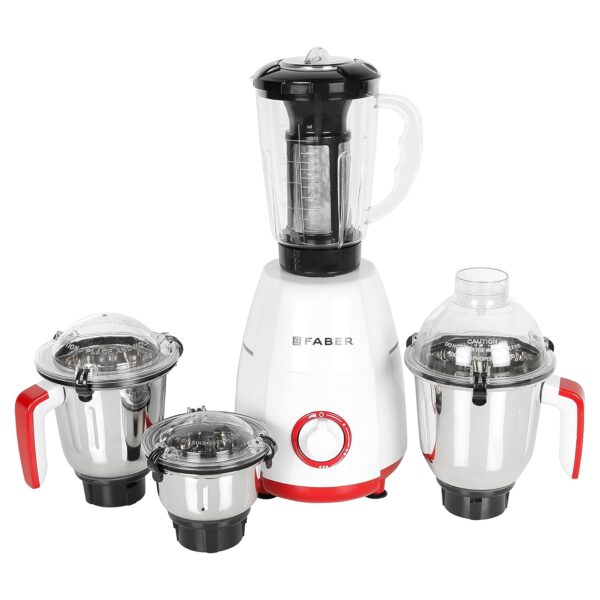 Faber Crown 800W Blender Mixer Grinder, 3 SS clip lock jars + 1 PC jar || low-noise copper motor, up to 20000 rpm speed || 2 yr comprehensive & 5 yr motor warranty (FMG CROWN 800 W 4J Mystic Red) Red