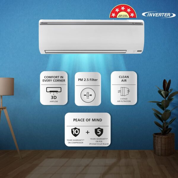 Daikin 1 Ton 5 Star Inverter Split AC (Copper, PM 2.5 Filter, FTKR35U, White) - Image 3
