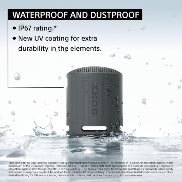 Sony SRS-XB100 Wireless Bluetooth Portable Lightweight Super-Compact Travel Speaker, Extra-Durable IP67 Waterproof & Dustproof, 16 Hrs Batt, Versatile Strap, Extra Bass & Hands-Free Calling-Black - Image 9