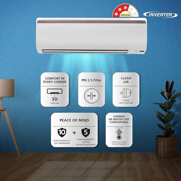 Daikin 1.5 Ton 3 Star Hot & Cold Inverter Split AC (Copper, PM 2.5 Filter, FTHT50UV16VA, White) - Image 5