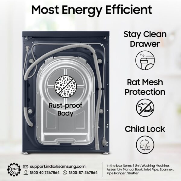 Samsung 12 kg, 5 Star, Super Speed, Wi-Fi, Hygiene Steam with Inbuilt Heater, Digital Inverter, Fully-Automatic Front Load Washing Machine (WW12DG5B24ASTL, Navy) - Image 11