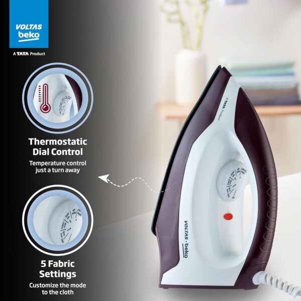 Voltas Beko, A Tata Product 1000 W Dry Iron (I1000VD-BGWH, Burgundy-White, with Crease-busting Greblon Soleplate) - Image 3