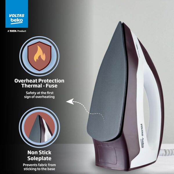Voltas Beko, A Tata Product 1000 W Dry Iron (I1000VD-BGWH, Burgundy-White, with Crease-busting Greblon Soleplate) - Image 4