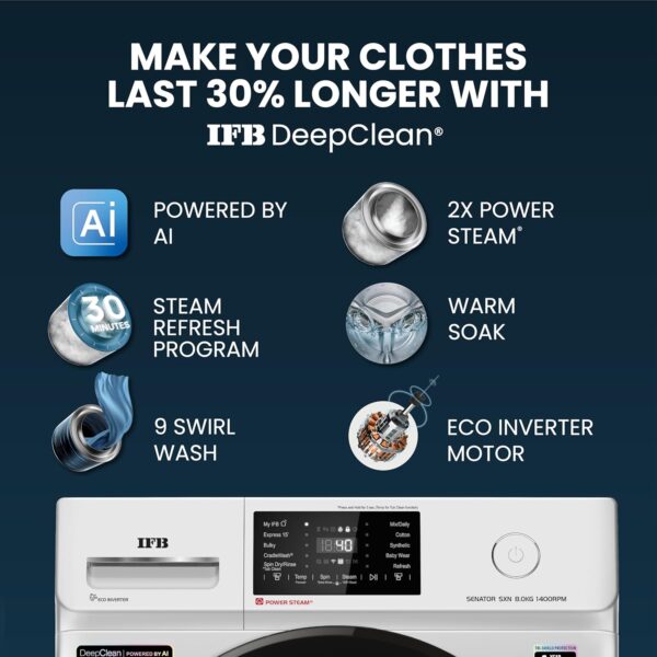 IFB 8 Kg 5 Star Powered by AI with 9 Swirl Wash, WiFi, Fully Automatic Front Load Washing Machine (Senator SXN 8014, Steam Refresh Program with Eco Inverter, Rich Silver) - Image 11