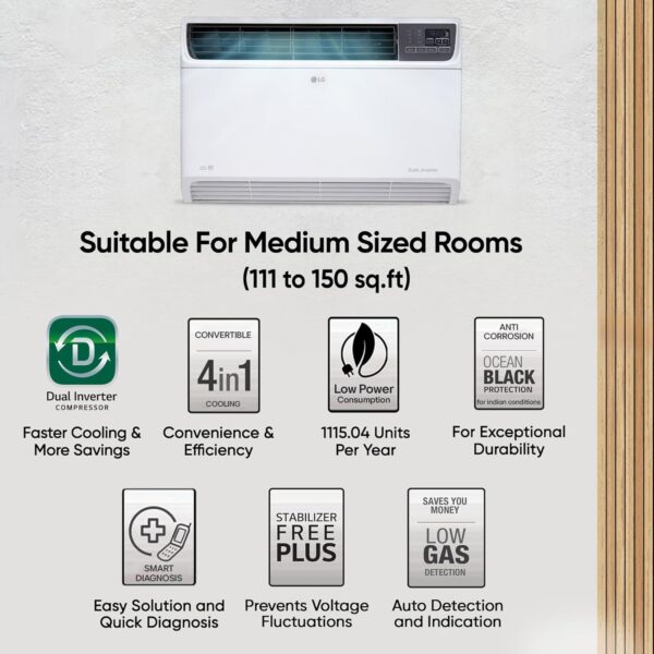 LG 1.5 Ton 3 Star DUAL Inverter Window AC (Copper, Convertible 4-in-1 cooling, 4 Way Air Swing, HD Filter, UW-Q18WUXA, White) - Image 8