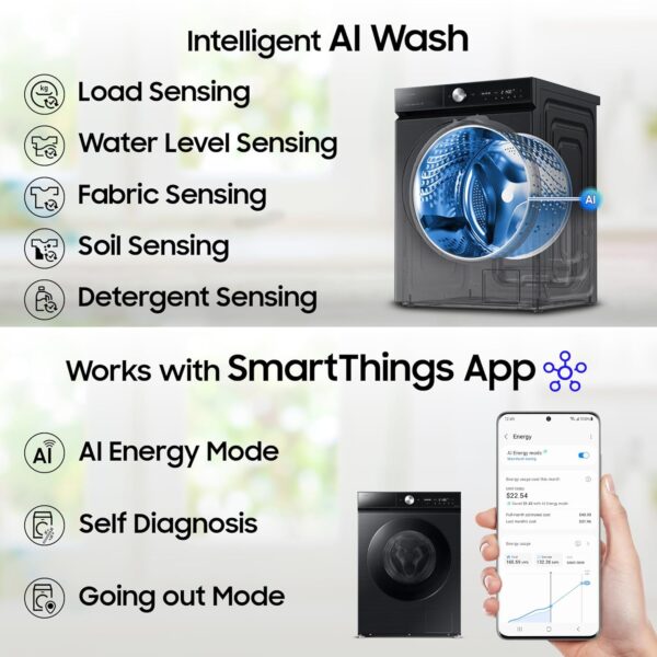 Samsung 12 kg, 5 Star, Super Speed, Wi-Fi, Hygiene Steam with Inbuilt Heater, Digital Inverter, Fully-Automatic Front Load Washing Machine (WW12DG5B24ASTL, Navy) - Image 9