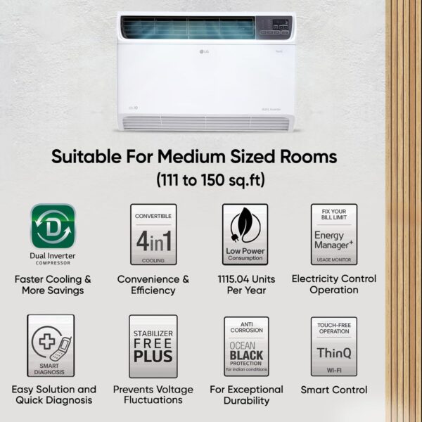 LG 1.5 Ton 3 Star Wi-Fi DUAL Inverter Window AC (Copper, Convertible 4-in-1 cooling, 4 Way Air Swing, HD Filter, UW-Q18WWXA, White) - Image 9