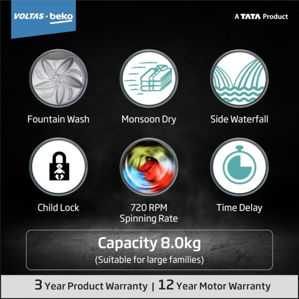 Voltas Beko, A Tata Product 8 Kg 5 Star Fountain wash Fully-Automatic Top Loading Washing Machine (2023 Model, WTL8011AU/BPC00D, Dark Grey, Side waterfall) - Image 7