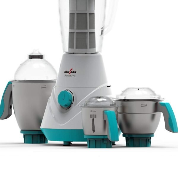 Kenstar Fusion Pro 750-Watt Mixer Grinder with 4 Jars (White & Blue, 3 Steel Jars and Extractor)