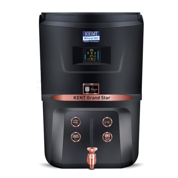 KENT Grand Star RO Water Purifier | RO+UV+UF+TDS Control+Alkaline+Copper+UV in Tank |.0001 Micron RO Membrane | Auto Flush Feature | 9L Tank | 20 LPH | Ideal For Borewell/Tanker/Municipal Water |Black