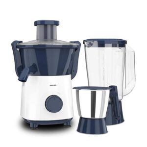 PHILIPS HL7567/03 Juicer Mixer Grinder, 500W, 2 Jars (Stainless Steel & Blender), Deep Azure – Centrifugal Juicing, Rust-Resistant Blades, 2-Year Warranty