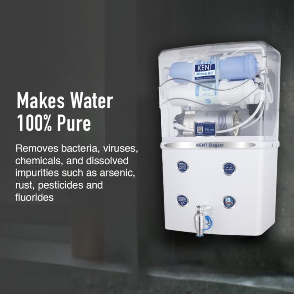 KENT Elegant RO Water Purifier | 4 Years Free Service | ISI Marked | Multiple Purification Process | RO + UF + TDS Control + UV LED Tank | 8L Tank | 15 LPH Flow | White - Image 2