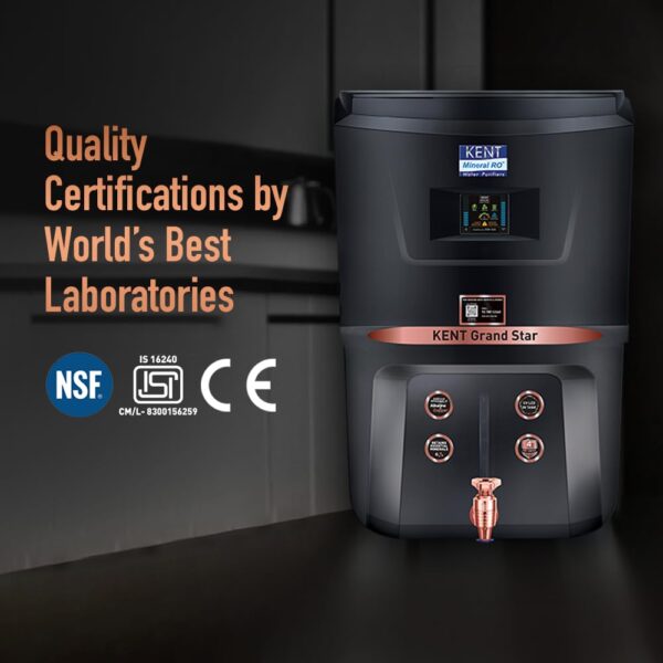 KENT Grand Star RO Water Purifier | RO+UV+UF+TDS Control+Alkaline+Copper+UV in Tank |.0001 Micron RO Membrane | Auto Flush Feature | 9L Tank | 20 LPH | Ideal For Borewell/Tanker/Municipal Water |Black - Image 2