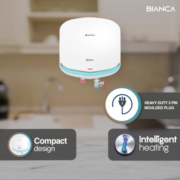 Havells Bianca 3 Litre Instant Water Heater(Geyser)| Bi Color LED IndicatorGlass Coated Anti-Rust Tank|Heavy Duty 3 Pin moulded Plug Top|Warranty: 5 Year on Inner Tank & 3 Year on element (White Blue) - Image 3