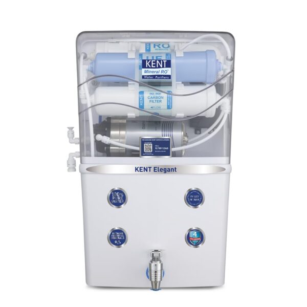 KENT Elegant RO Water Purifier | 4 Years Free Service | ISI Marked | Multiple Purification Process | RO + UF + TDS Control + UV LED Tank | 8L Tank | 15 LPH Flow | White