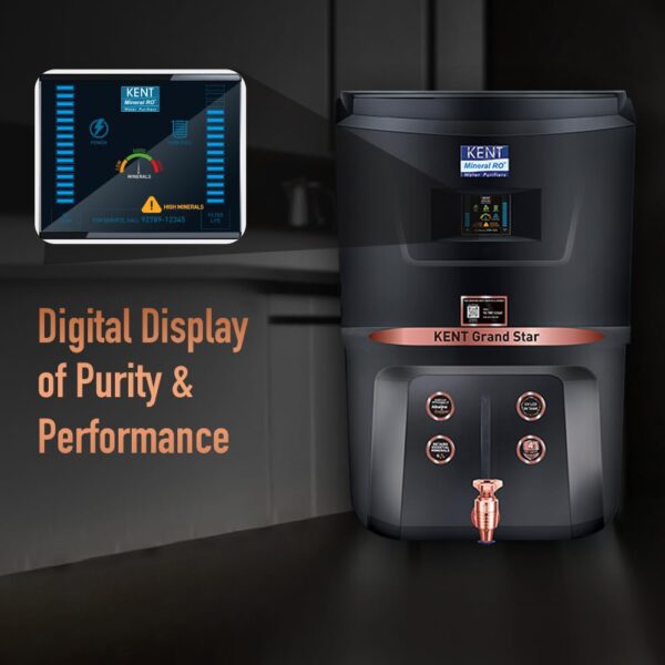 KENT Grand Star RO Water Purifier | RO+UV+UF+TDS Control+Alkaline+Copper+UV in Tank |.0001 Micron RO Membrane | Auto Flush Feature | 9L Tank | 20 LPH | Ideal For Borewell/Tanker/Municipal Water |Black - Image 3