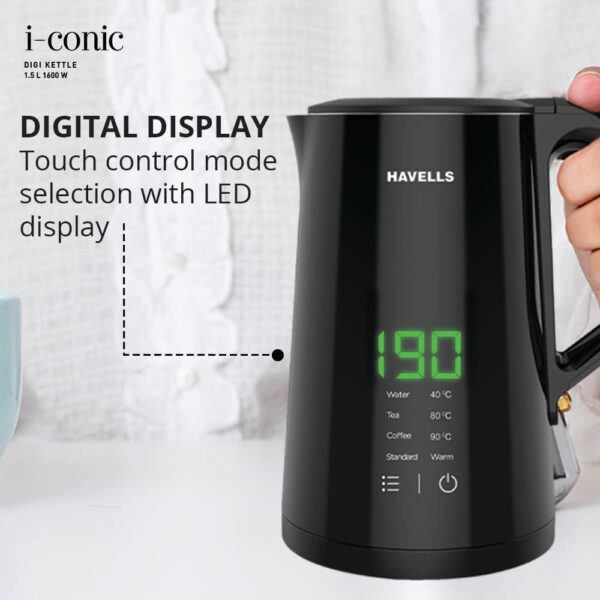 Havells I-Conic 1.5 Litre Digi Kettle With Double Wall And 304 Stainless Steel Tank (Black),1600 Watts - Image 3