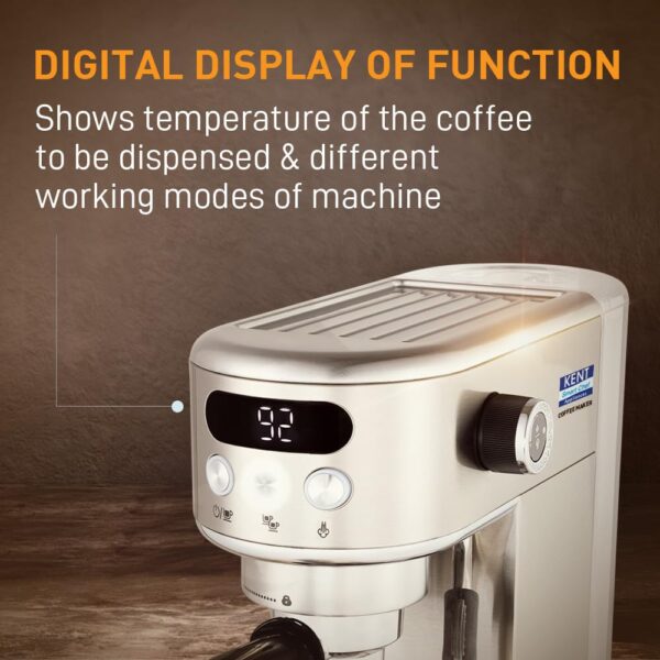 KENT Coffee Maker 1400 W | Makes Two Cups of Coffee at a Time | High Pressure 20 Bar Italian Pump for making Cappuccinos & Lattes | In-Built Steamer for Frothing | SS Body | Suitable for Ground Coffee - Image 2