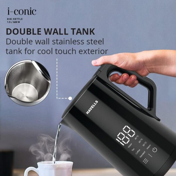 Havells I-Conic 1.5 Litre Digi Kettle With Double Wall And 304 Stainless Steel Tank (Black),1600 Watts - Image 7