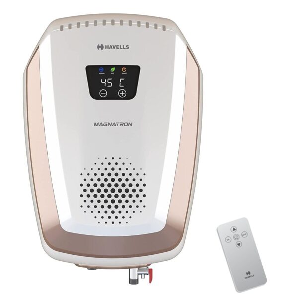 Havells Magnatron 15 Litre Storage Water Heater(Geyser)| No Heating Element| For Hard Water| Minimal Scaling| Energy Saving| Remote Controlled| Free Installation & Flexi Pipe (White Champagne Gold)