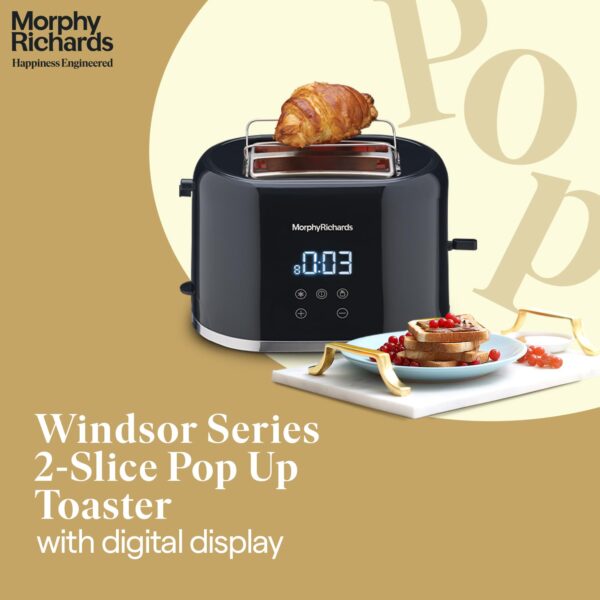 Morphy Richards Windsor Series Digital 2 Slice 800W Pop Up Toaster|8-Browning Levels|Reheat&Defrost|Wide Bread Slots|Bun Warmer|Dust Cover|Removable Crumb Tray|2-Yr Warranty By Brand|Black,800 Watts - Image 7