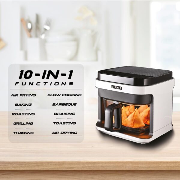 Usha iChef Smart Air Fryer 5.5L | 1200 Watt | 10 in 1 Functions | 8 Preset Menu | Turbo Air Circulation |360° View | Illuminated chamber | Oil Free Cooking | Digital display With Touch Panel (White) - Image 6