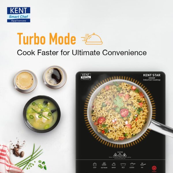 KENT Star Induction Cooktop 3000W | 6 Preset Menu | Full Microcrystalline Glass |Feather Touch Buttons & LED Display |Milk Boiling & Turbo Cooking Function | Overheat Protection & Auto Turn-Off| Black - Image 9