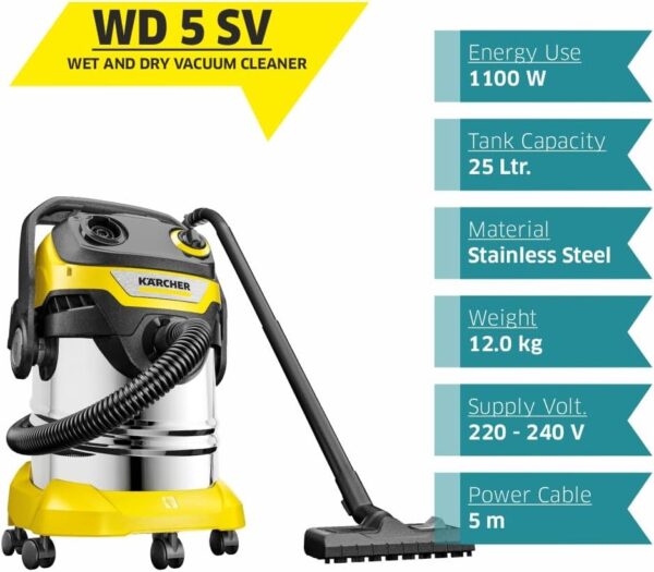 Kärcher WD 5 S V-25/5/22 wet dry vacuum cleaner, flat filter, removable filter cassette, automatic filter cleaning, filter bags, 1100W, 25l stainless steel container, Black / Yellow, 2.2 m hose - Image 5