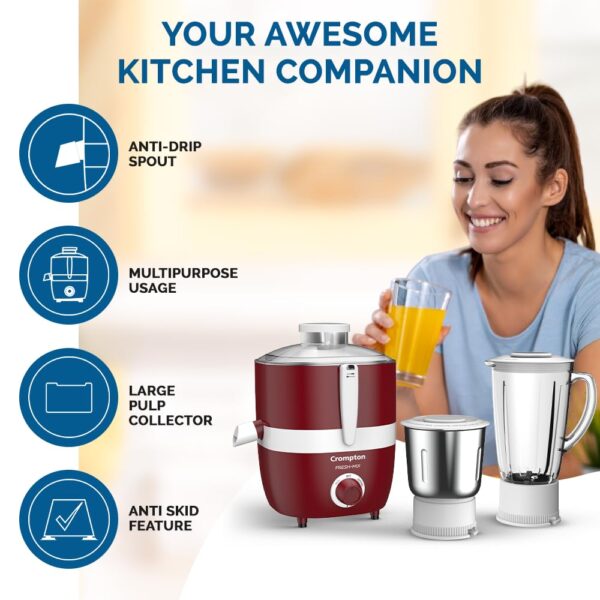 Cromptons Fresh-MIX, Juicer Mixer Grinder (2 Jars, High grade Stainless Steel mesh, unbreakable polycarbonate jar lids) - Image 3