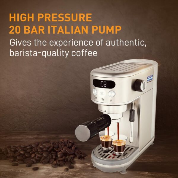 KENT Coffee Maker 1400 W | Makes Two Cups of Coffee at a Time | High Pressure 20 Bar Italian Pump for making Cappuccinos & Lattes | In-Built Steamer for Frothing | SS Body | Suitable for Ground Coffee - Image 3