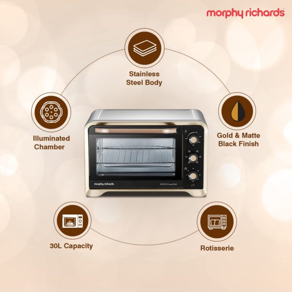 Morphy Richards 30Rcss Otg Oven For Kitchen|30 Litre Oven Toaster Griller|Convection Fan&Rotisserie Function|Stainless Steel Oven|Temperature Control|2-Yr Warranty By Brand|Gold&Black,1600 Watts - Image 3
