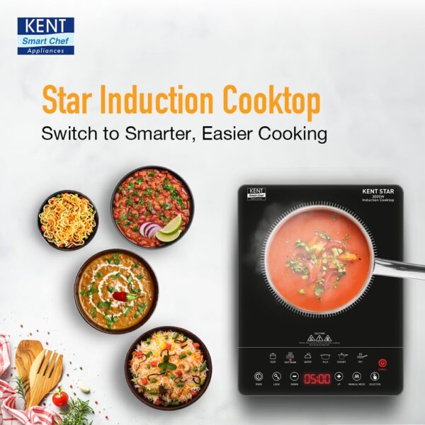 KENT Star Induction Cooktop 3000W | 6 Preset Menu | Full Microcrystalline Glass |Feather Touch Buttons & LED Display |Milk Boiling & Turbo Cooking Function | Overheat Protection & Auto Turn-Off| Black - Image 5