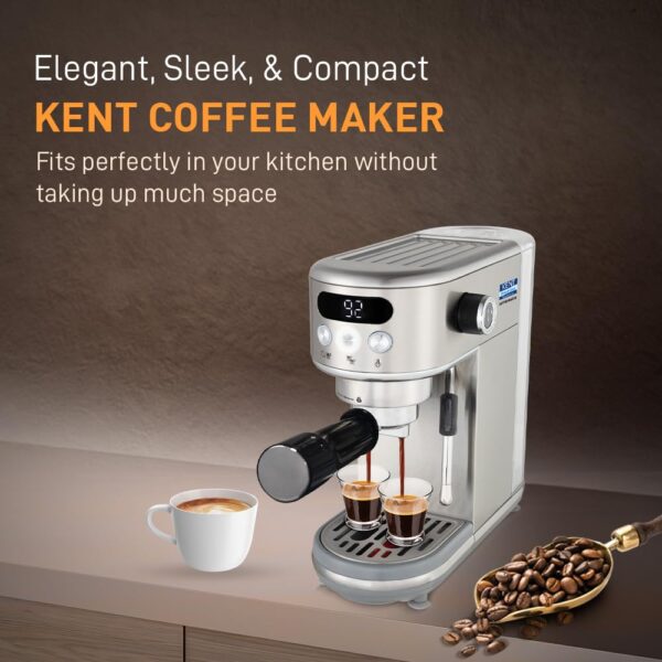 KENT Coffee Maker 1400 W | Makes Two Cups of Coffee at a Time | High Pressure 20 Bar Italian Pump for making Cappuccinos & Lattes | In-Built Steamer for Frothing | SS Body | Suitable for Ground Coffee - Image 4