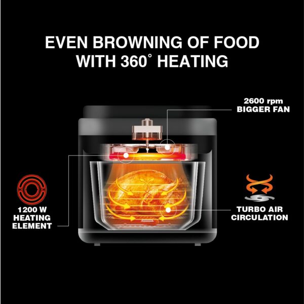 Usha iChef Smart Air Fryer 5.5L | 1200 Watt | 10 in 1 Functions | 8 Preset Menu | Turbo Air Circulation |360° View | Illuminated chamber | Oil Free Cooking | Digital display With Touch Panel (White) - Image 3