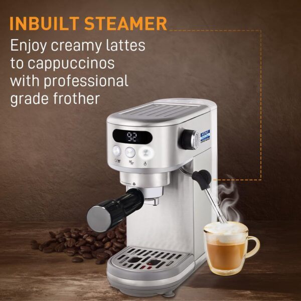 KENT Coffee Maker 1400 W | Makes Two Cups of Coffee at a Time | High Pressure 20 Bar Italian Pump for making Cappuccinos & Lattes | In-Built Steamer for Frothing | SS Body | Suitable for Ground Coffee - Image 5