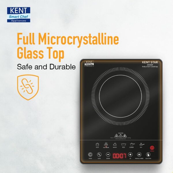 KENT Star Induction Cooktop 3000W | 6 Preset Menu | Full Microcrystalline Glass |Feather Touch Buttons & LED Display |Milk Boiling & Turbo Cooking Function | Overheat Protection & Auto Turn-Off| Black - Image 6