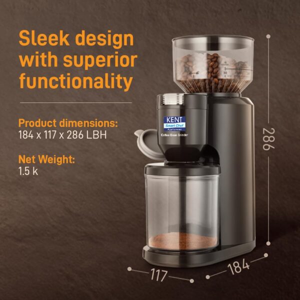 KENT Coffee Bean Grinder 150 W | Burr Grinding System Maintains Flavour & Aroma | 30 Adjustable Grinding Settings | Choice of 2 to 14 Cups of Fresh Grounded Coffee | 500 RPM 100% Copper Motor | Black - Image 4