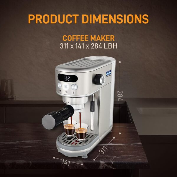 KENT Coffee Maker 1400 W | Makes Two Cups of Coffee at a Time | High Pressure 20 Bar Italian Pump for making Cappuccinos & Lattes | In-Built Steamer for Frothing | SS Body | Suitable for Ground Coffee - Image 6